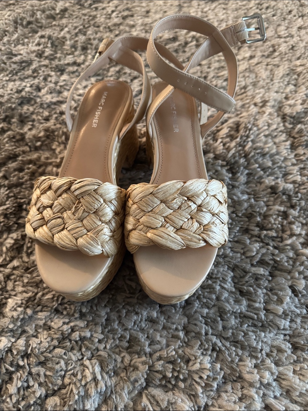 Marc Fisher Beige Braided Wedge Sandals with Ankle Strap